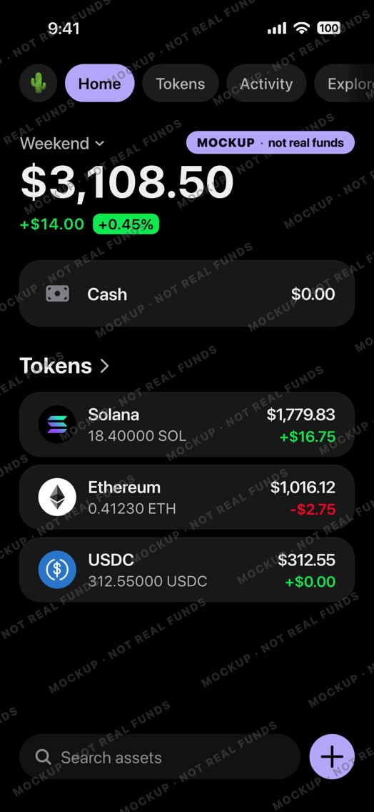 Mockup of a crypto wallet home screen in dark mode: wallet Weekend, a small total, an empty Cash row, SOL, ETH and USDC.