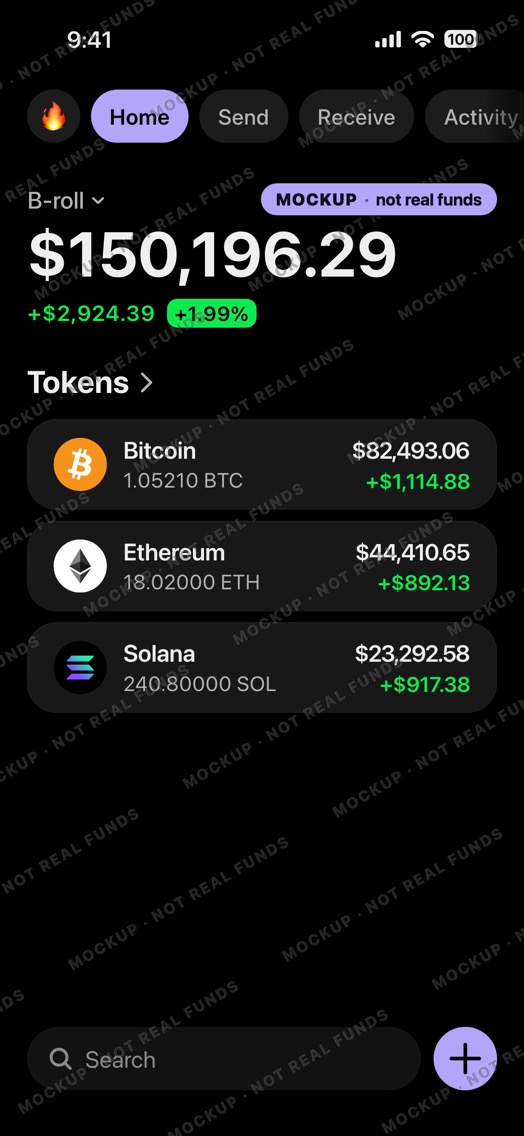 Mockup of a crypto wallet home screen in dark mode: wallet B-roll, total up for the day, rows for BTC, ETH and SOL.
