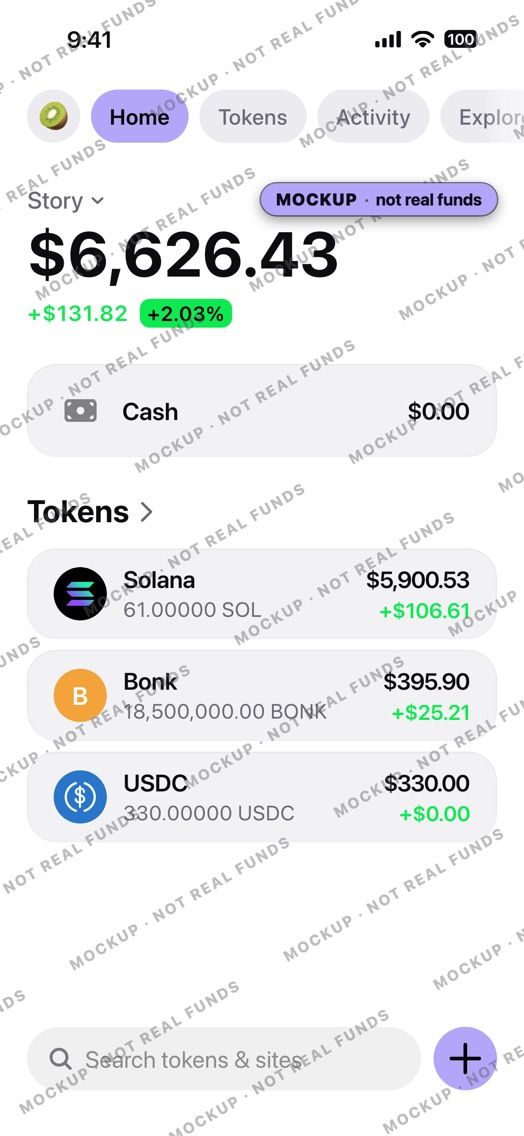 Mockup of a crypto wallet home screen in light mode: wallet Story, SOL, a lettered BONK badge and USDC.