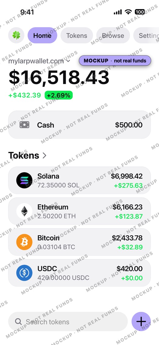Mockup of a crypto wallet home screen in light mode: wallet mylarpwallet.com, a Cash row, SOL, ETH, BTC and USDC.