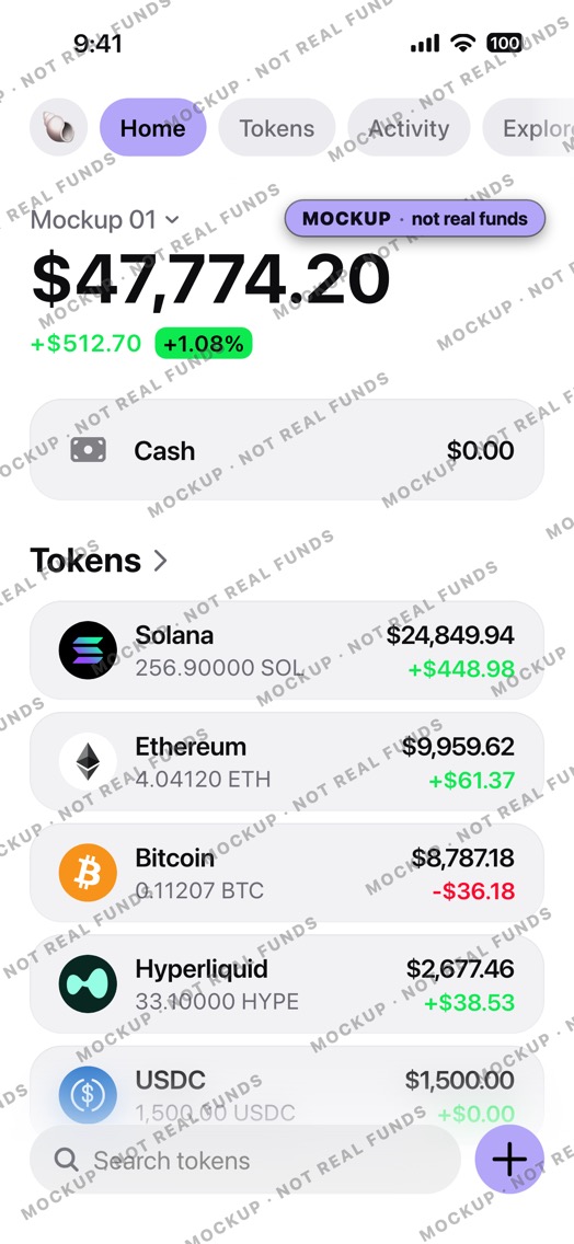 Mockup of a crypto wallet home screen in light mode: wallet Mockup 01, an empty Cash row and five token rows.