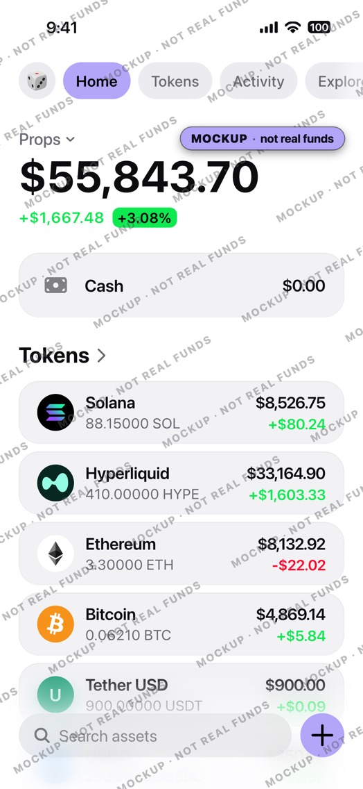 Mockup of a crypto wallet home screen in light mode: wallet Props, six token rows including USDT on a lettered badge.