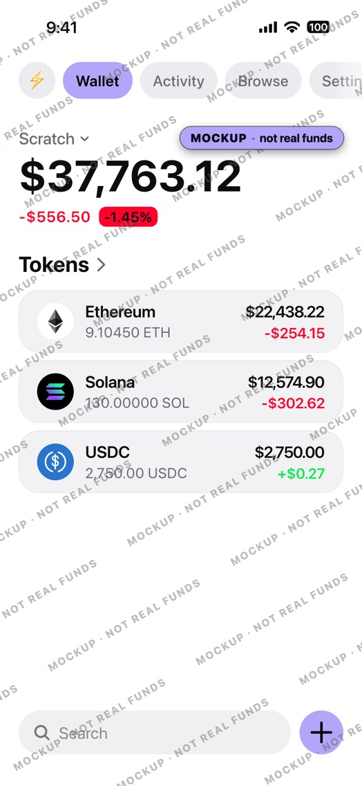 Mockup of a crypto wallet home screen in light mode: tabs Wallet, Activity, Browse and Settings, three token rows led by ETH.