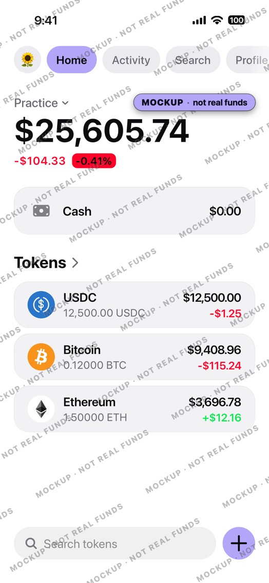 Mockup of a crypto wallet home screen in light mode: wallet Practice, a USDC row first, then BTC and ETH, total down for the day.