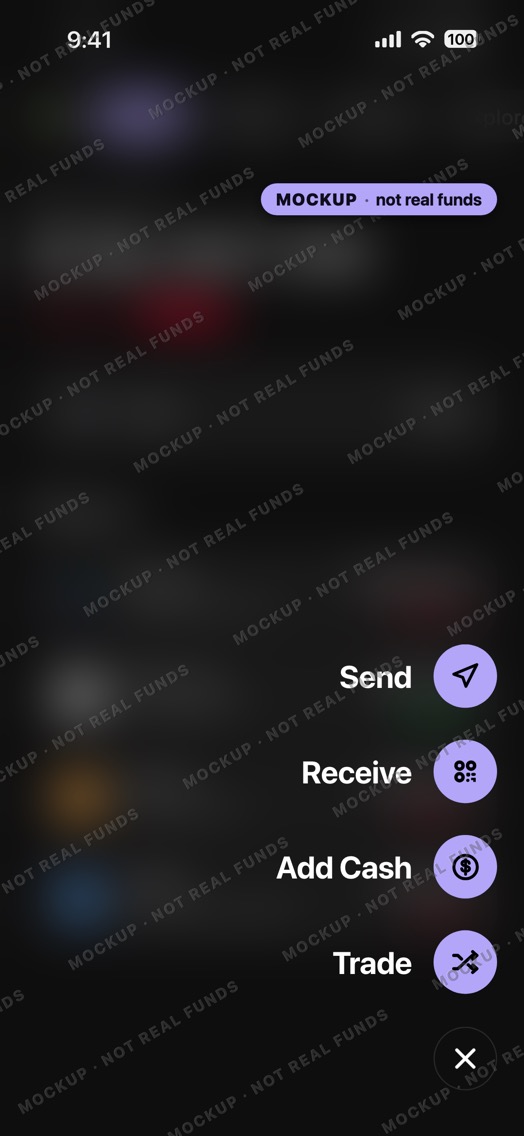 Mockup of a crypto wallet with its + menu open in dark mode: Send, Receive, Add Cash and Trade over a blurred home screen.