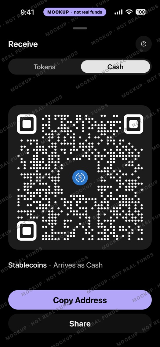 Mockup of a crypto wallet Receive sheet, Cash side, dark mode: a decorative QR pattern, Copy Address and Share buttons.