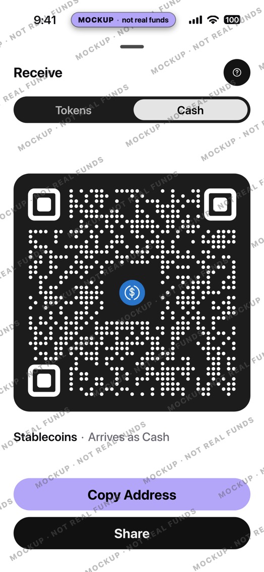 Mockup of a crypto wallet Receive sheet, Cash side, light mode: a decorative QR pattern, Copy Address and Share buttons.