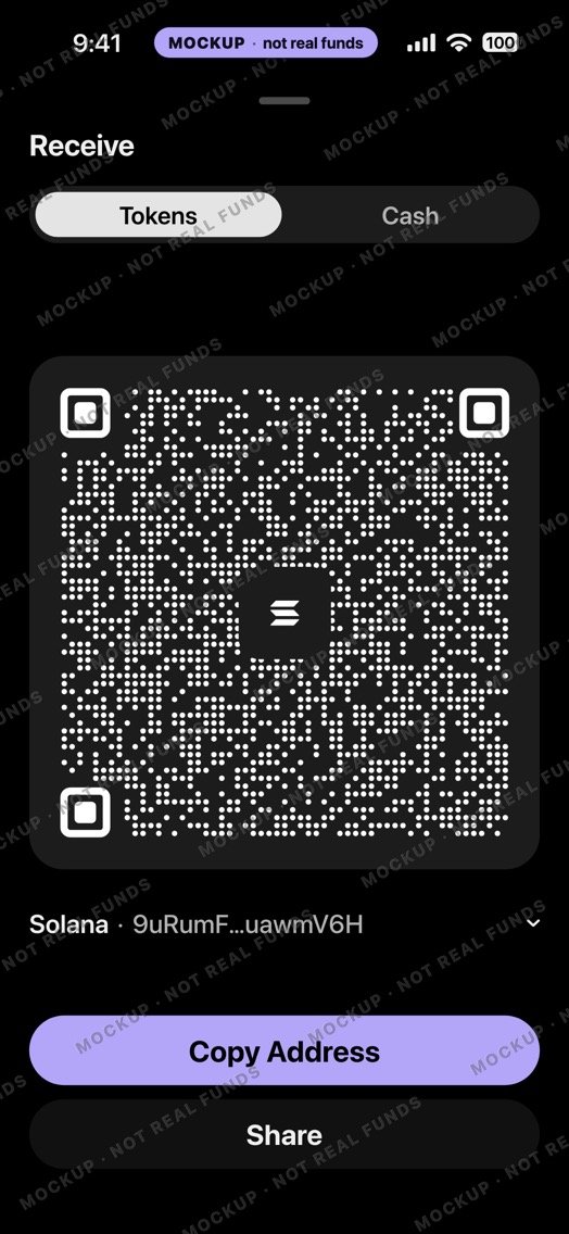 Mockup of a crypto wallet Receive sheet in dark mode: a decorative QR pattern with the SOL mark and a shortened decorative address.