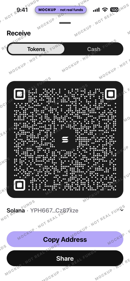 Mockup of a crypto wallet Receive sheet in light mode: a decorative QR pattern with the SOL mark and a shortened decorative address.