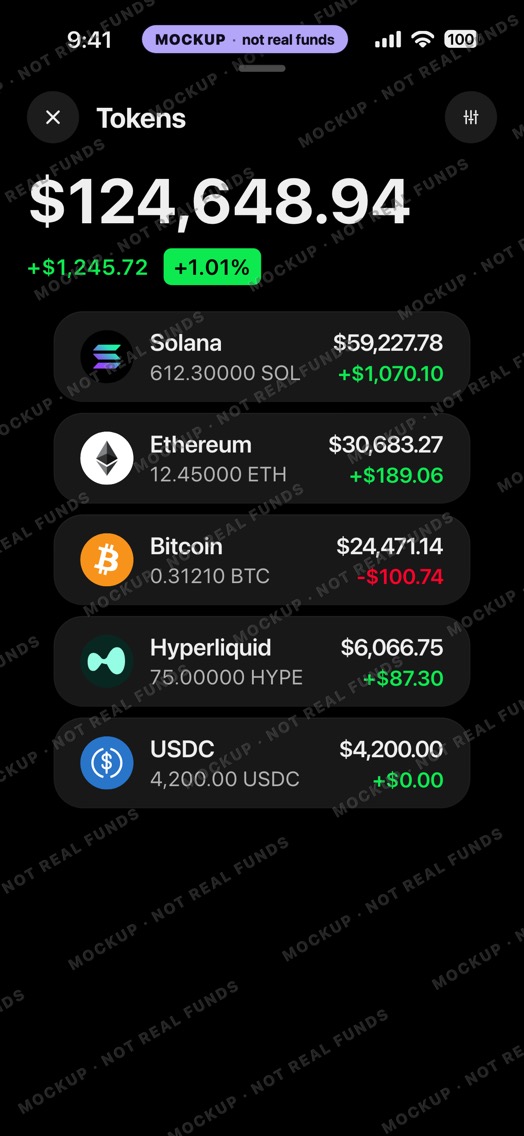 Mockup of a crypto wallet Tokens sheet in dark mode: the total, the day's change in green and five token rows.