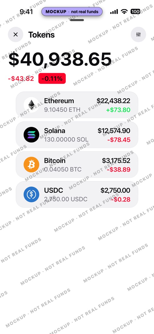 Mockup of a crypto wallet Tokens sheet in light mode: the total, the day's change in red and four token rows.
