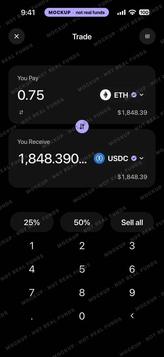 Mockup of a crypto wallet Trade sheet in dark mode: ETH to USDC, an amount on the keypad, 25%, 50% and Sell all buttons.