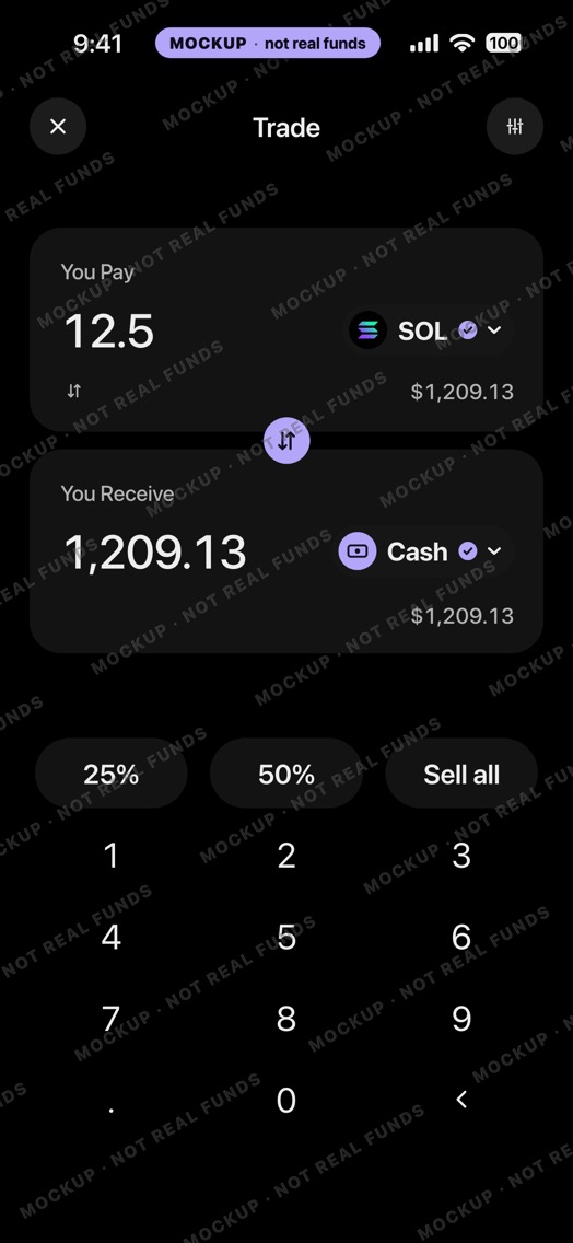 Mockup of a crypto wallet Trade sheet in dark mode: SOL to Cash, an amount on the keypad, 25%, 50% and Sell all buttons.