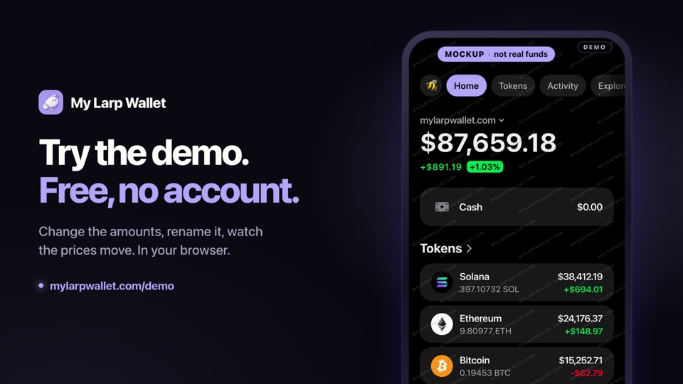 Video thumbnail: “Try the demo. Free, no account.” beside the demo's crypto wallet mockup with its DEMO mark.