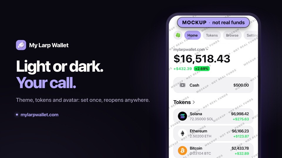 Video thumbnail: “Light or dark. Your call.” beside a light crypto wallet mockup with a Cash row.