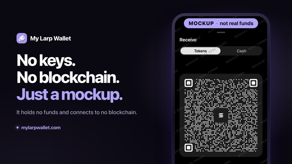Video thumbnail: “No keys. No blockchain. Just a mockup.” beside the Receive sheet of a crypto wallet mockup.