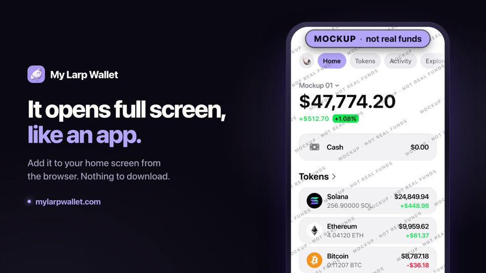 Video thumbnail: “It opens full screen, like an app.” beside a light crypto wallet mockup in a phone frame.