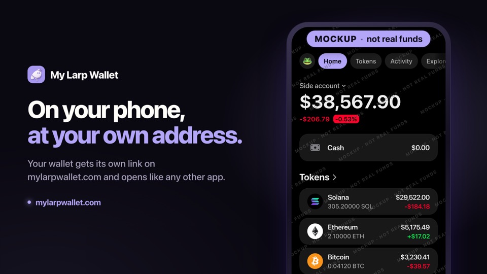 Video thumbnail: “On your phone, at your own address.” beside a dark crypto wallet mockup named Side account.