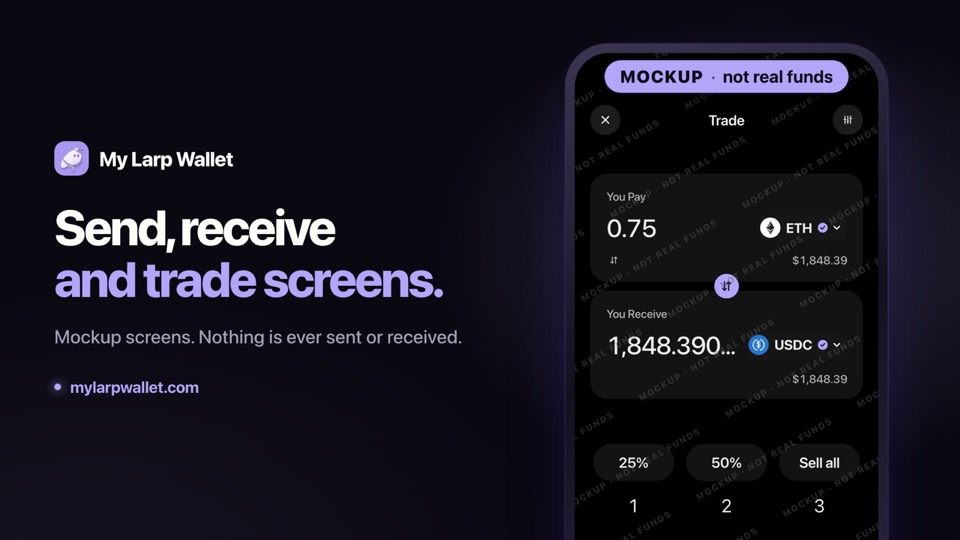 Video thumbnail: “Send, receive and trade screens.” beside the Trade sheet of a crypto wallet mockup.