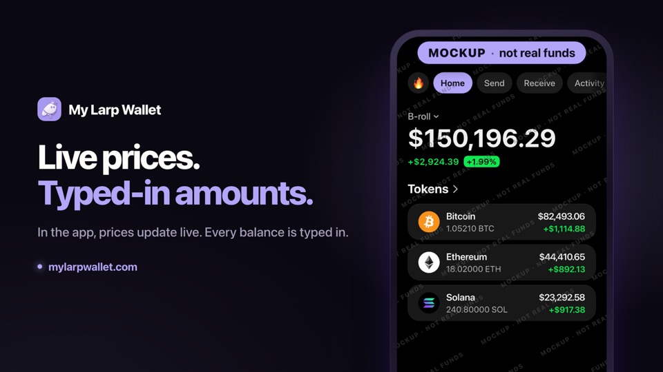 Video thumbnail: “Live prices. Typed-in amounts.” beside a dark crypto wallet mockup named B-roll.