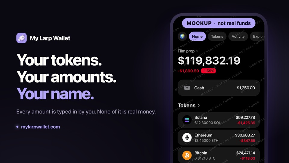 Video thumbnail: “Your tokens. Your amounts. Your name.” beside a dark crypto wallet mockup named Film prop.