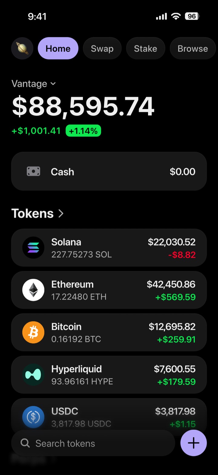 Crypto wallet portfolio screen composed in My Larp Wallet: a wallet named Vantage, a total balance above a list of 5 tokens showing each holding and its change over the day, in a dark theme with a lavender accent.