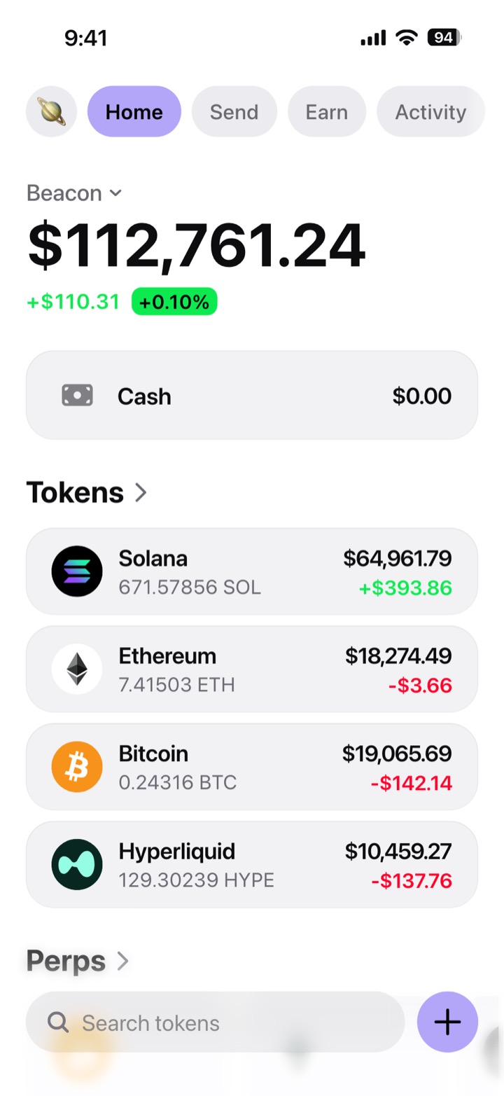 Crypto wallet portfolio screen composed in My Larp Wallet: a wallet named Beacon, a total balance above a list of 4 tokens showing each holding and its change over the day, in a light theme with a lavender accent.
