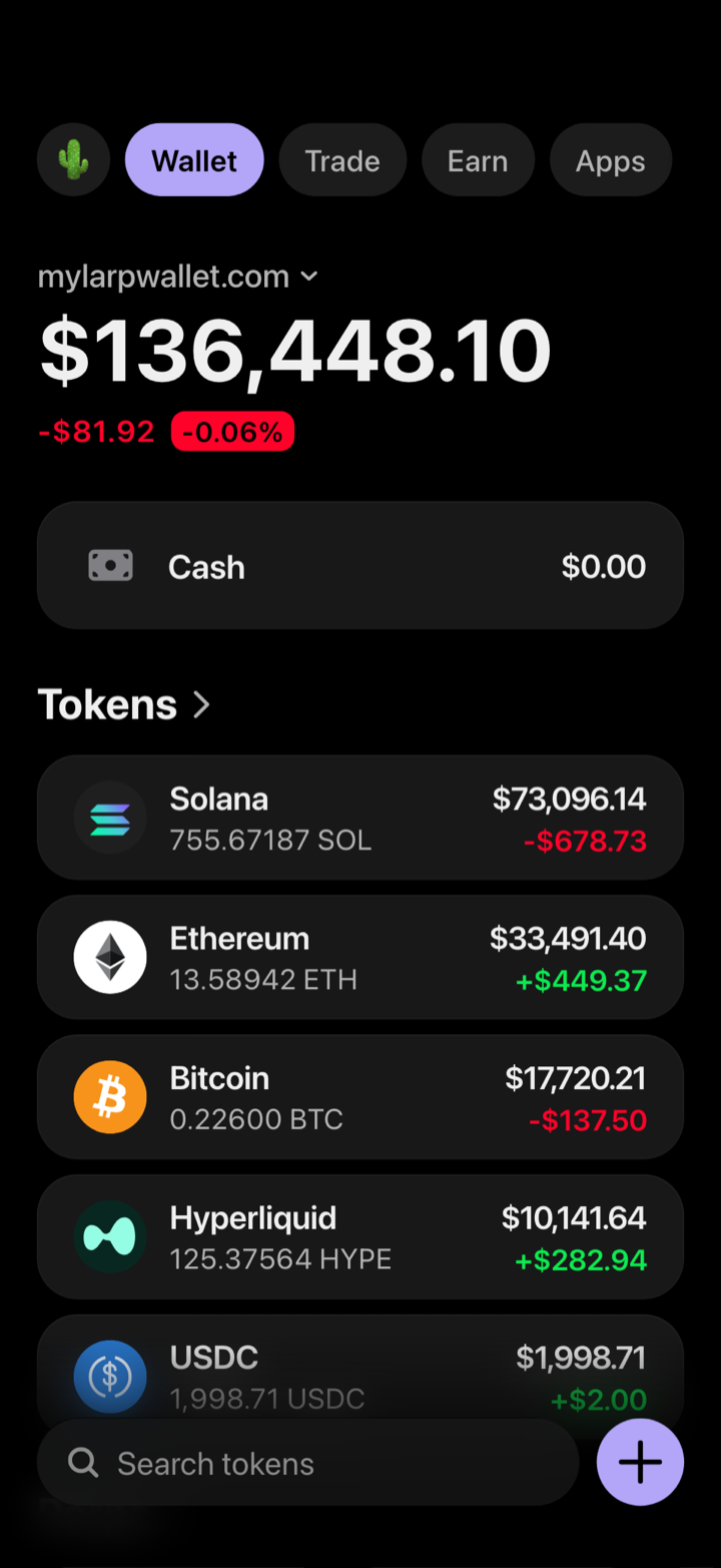Crypto wallet portfolio screen composed in My Larp Wallet: a wallet named mylarpwallet.com, a total balance above a list of 5 tokens showing each holding and its change over the day, in a dark theme with a lavender accent.