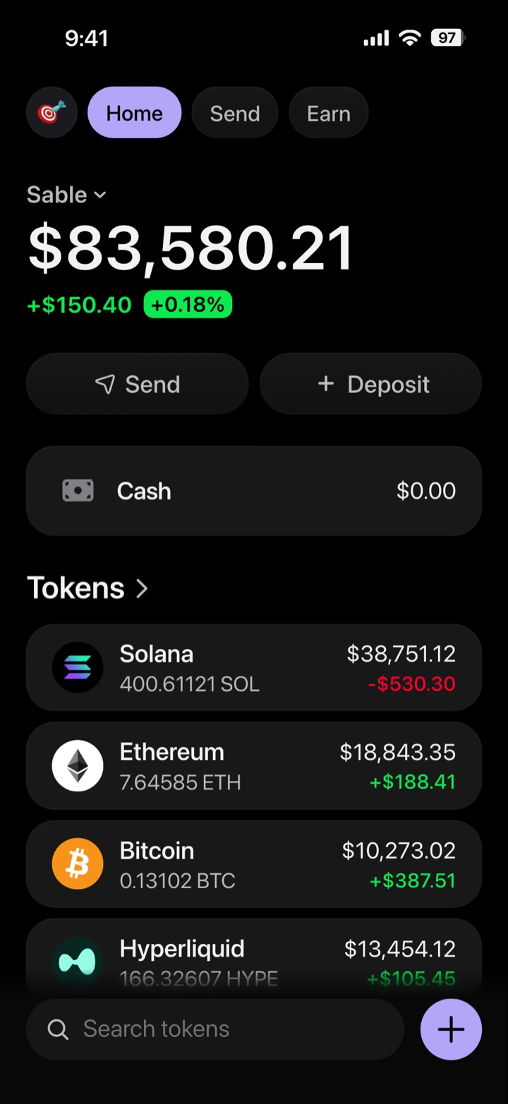 Crypto wallet portfolio screen composed in My Larp Wallet: a wallet named Sable, a total balance above a list of 5 tokens showing each holding and its change over the day, in a dark theme with a lavender accent.