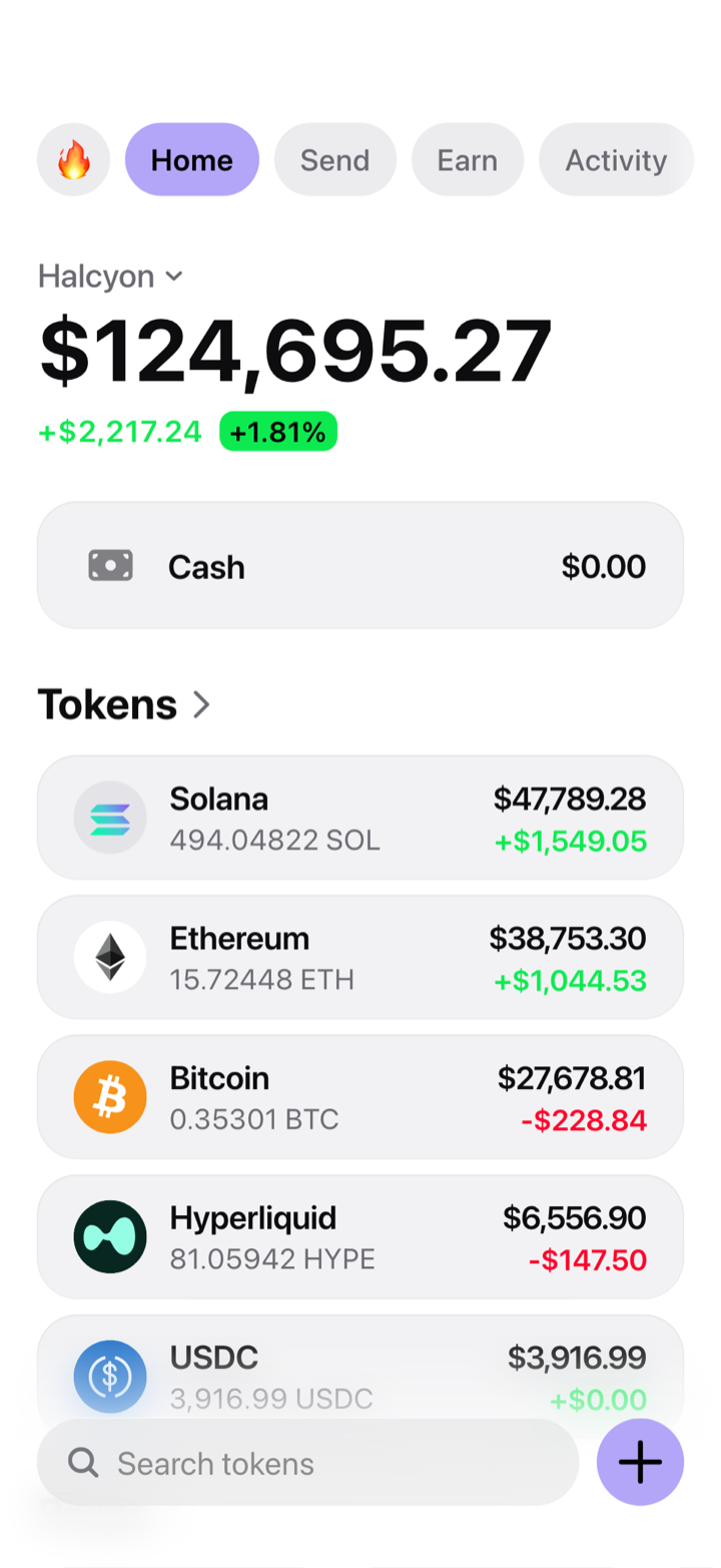 Crypto wallet portfolio screen composed in My Larp Wallet: a wallet named Halcyon, a total balance above a list of 5 tokens showing each holding and its change over the day, in a light theme with a lavender accent.