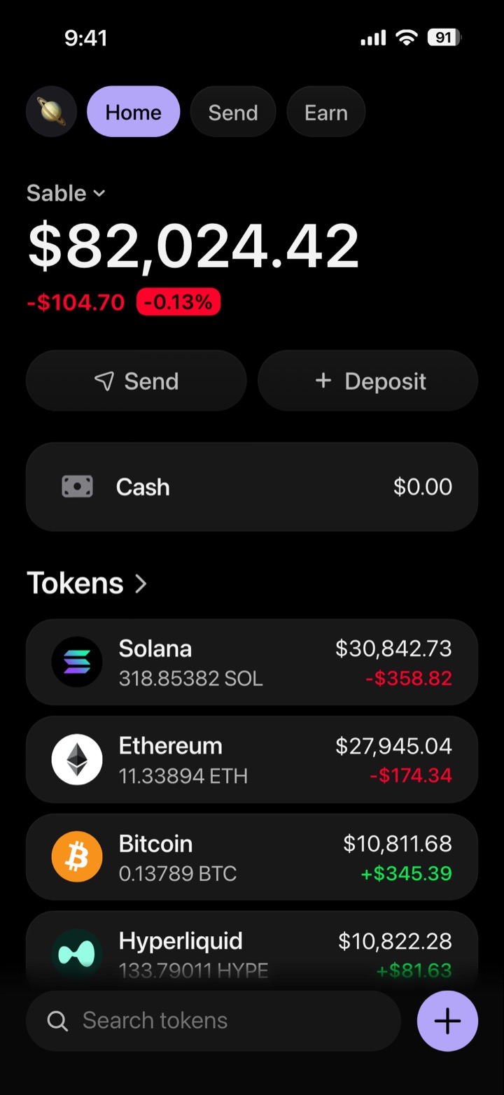 Crypto wallet portfolio screen composed in My Larp Wallet: a wallet named Sable, a total balance above a list of 5 tokens showing each holding and its change over the day, in a dark theme with a lavender accent.