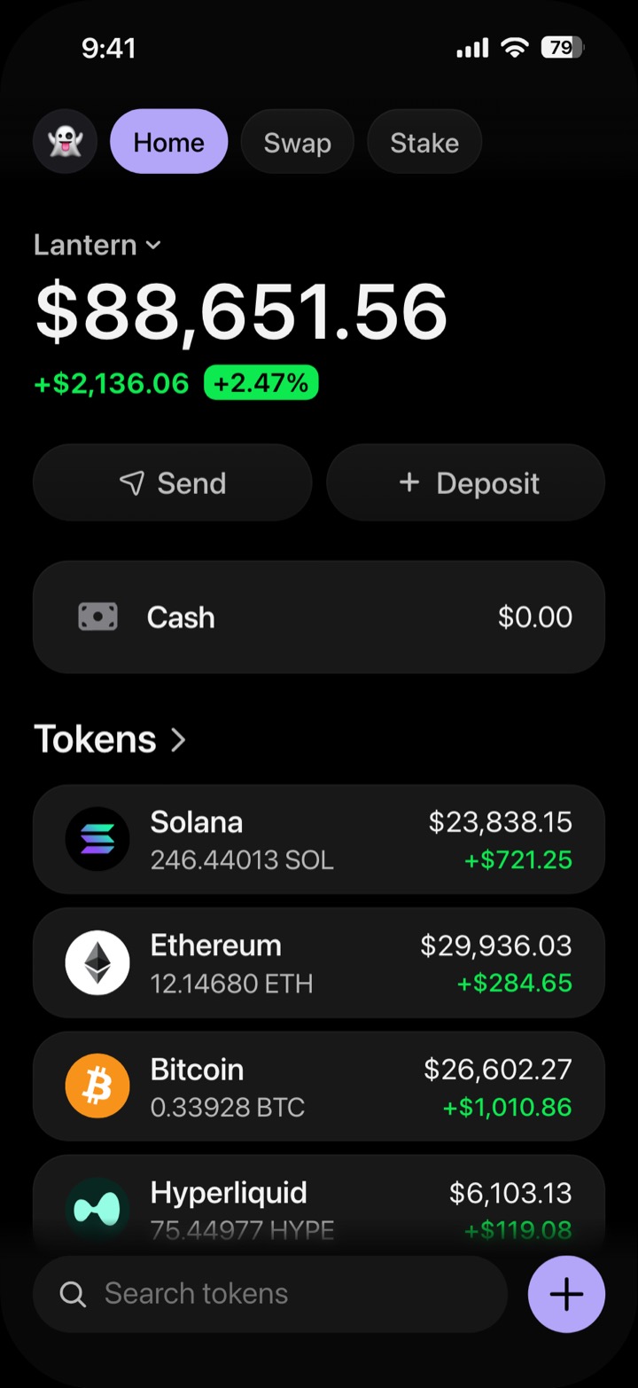Crypto wallet portfolio screen composed in My Larp Wallet: a wallet named Lantern, a total balance above a list of 5 tokens showing each holding and its change over the day, in a dark theme with a lavender accent.