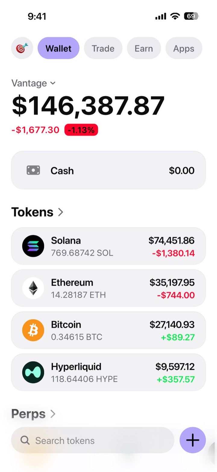 Crypto wallet portfolio screen composed in My Larp Wallet: a wallet named Vantage, a total balance above a list of 4 tokens showing each holding and its change over the day, in a light theme with a lavender accent.
