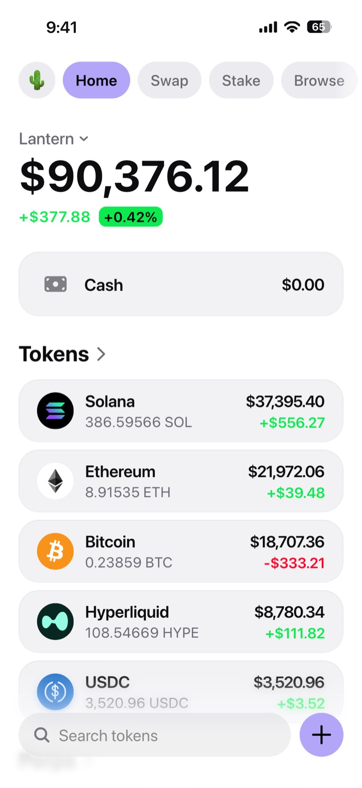 Crypto wallet portfolio screen composed in My Larp Wallet: a wallet named Lantern, a total balance above a list of 5 tokens showing each holding and its change over the day, in a light theme with a lavender accent.