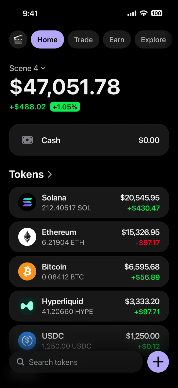 Crypto wallet home screen composed in My Larp Wallet: a wallet named Scene 4, a total balance above a cash row at zero and a list of 5 tokens, in a dark theme with a lavender accent.