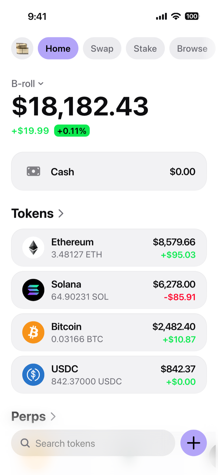 Crypto wallet home screen composed in My Larp Wallet: a wallet named B-roll, a total balance above a cash row at zero and a list of 4 tokens, in a light theme with a lavender accent.
