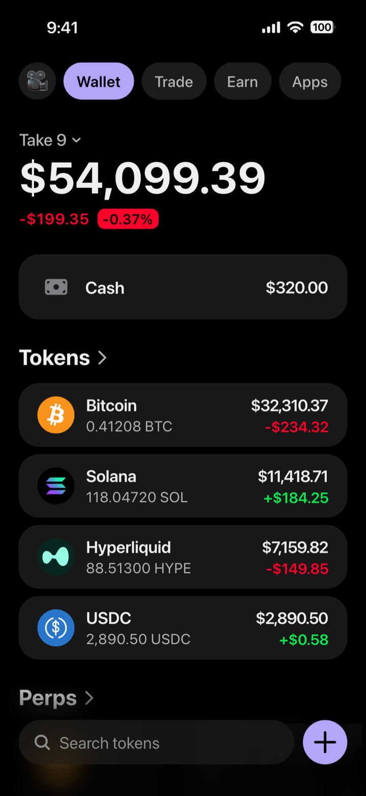 Crypto wallet home screen composed in My Larp Wallet: a wallet named Take 9, a total balance above a cash row and a list of 4 tokens, in a dark theme with a lavender accent.