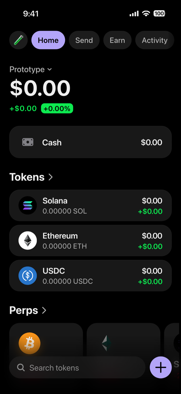 Crypto wallet home screen composed in My Larp Wallet: a wallet named Prototype, a total balance above a cash row and 3 tokens, all at zero, in a dark theme with a lavender accent.
