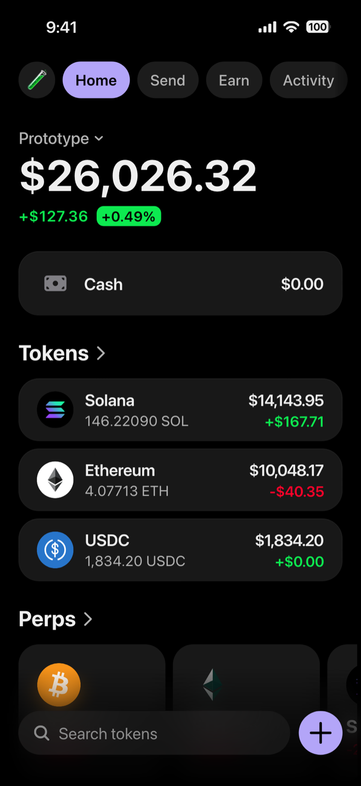 Crypto wallet home screen composed in My Larp Wallet: a wallet named Prototype, a total balance above a cash row and 3 tokens with their holdings, in a dark theme with a lavender accent.