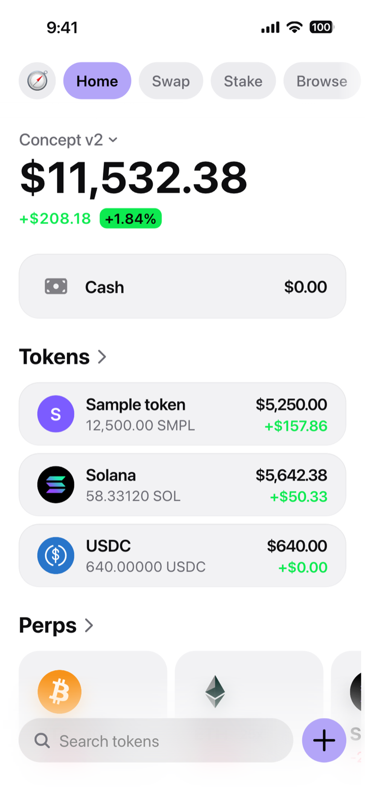 Crypto wallet home screen composed in My Larp Wallet: a wallet named Concept v2, a total balance above a cash row at zero and 3 tokens, the first a custom token with a lettered mark, in a light theme with a lavender accent.