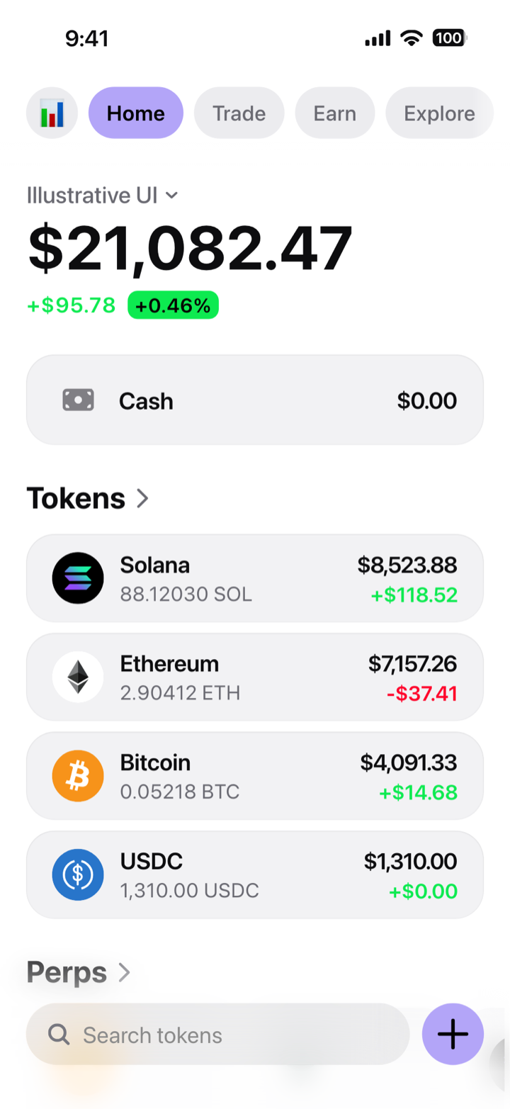 Crypto wallet home screen composed in My Larp Wallet: a wallet named Illustrative UI, a total balance above a cash row at zero and a list of 4 tokens, in a light theme with a lavender accent.