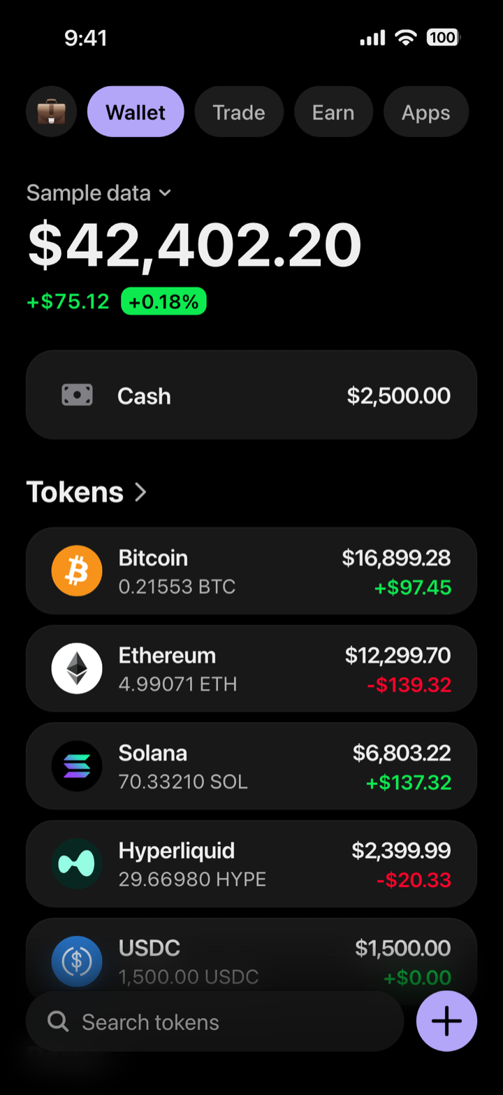 Crypto wallet home screen composed in My Larp Wallet: a wallet named Sample data, a total balance above a cash row and 5 tokens ordered by value, in a dark theme with a lavender accent.