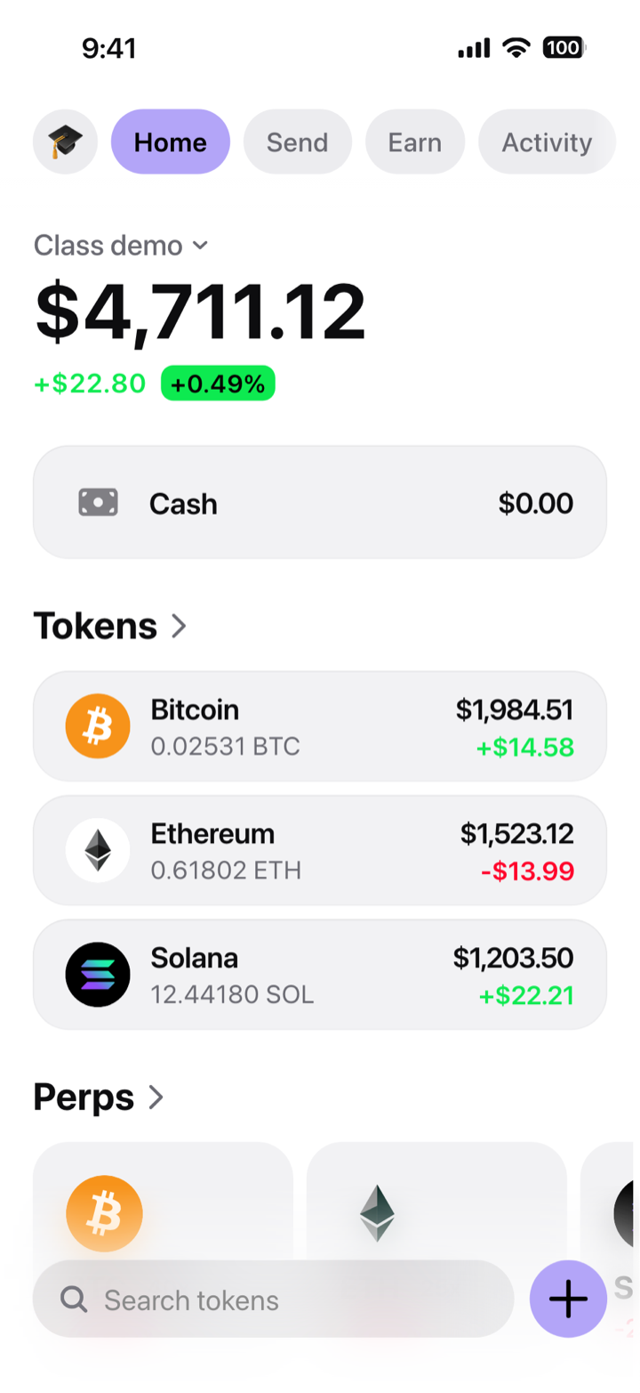 Crypto wallet home screen composed in My Larp Wallet: a wallet named Class demo, a total balance above a cash row at zero and 3 tokens: Bitcoin, Ethereum and Solana, in a light theme with a lavender accent.