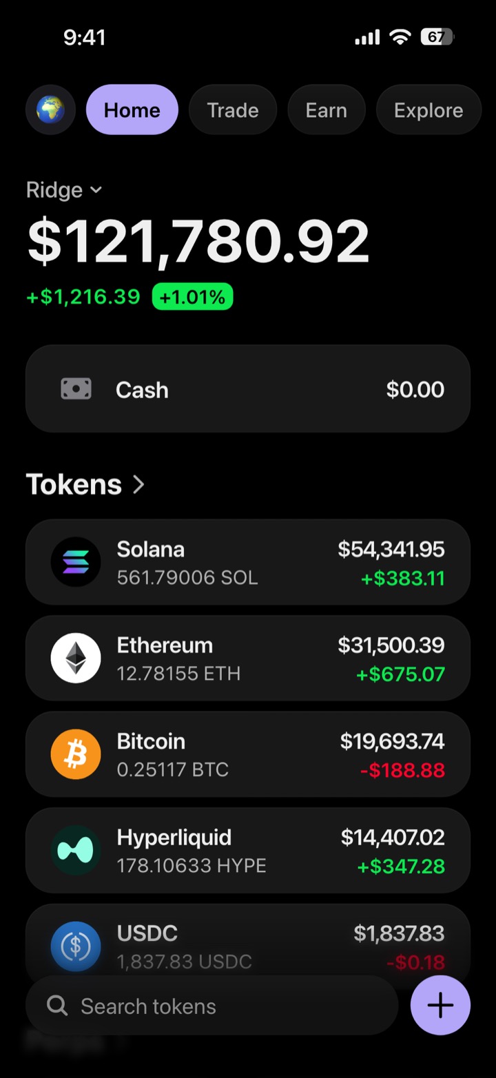 Crypto wallet portfolio screen composed in My Larp Wallet: a wallet named Ridge, a total balance above a list of 5 tokens showing each holding and its change over the day, in a dark theme with a lavender accent.
