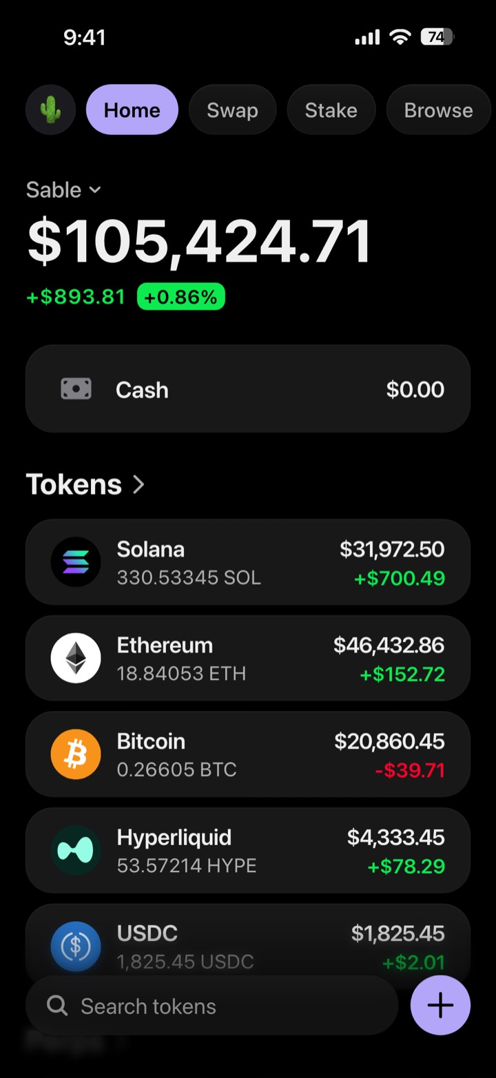 Crypto wallet portfolio screen composed in My Larp Wallet: a wallet named Sable, a total balance above a list of 5 tokens showing each holding and its change over the day, in a dark theme with a lavender accent.