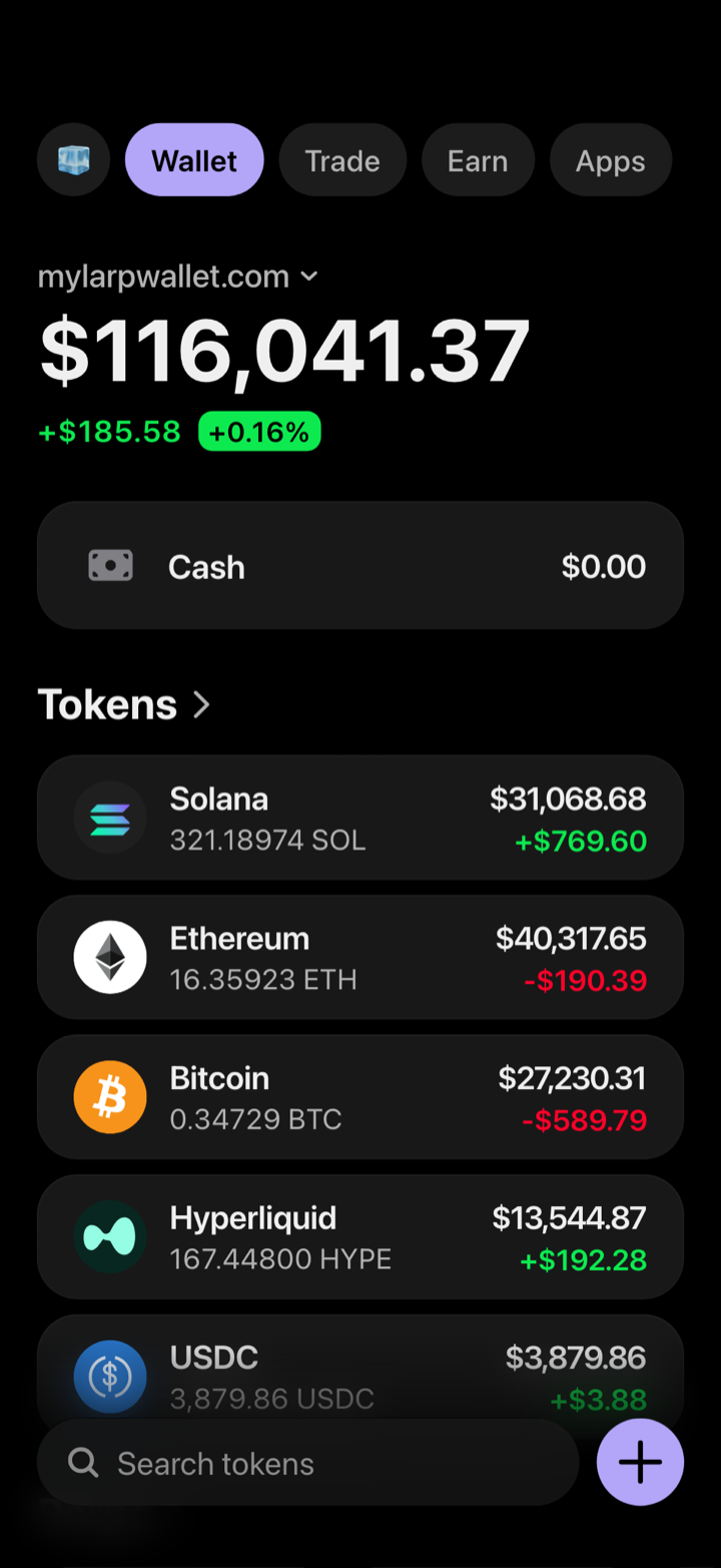Crypto wallet portfolio screen composed in My Larp Wallet: a wallet named mylarpwallet.com, a total balance above a list of 5 tokens showing each holding and its change over the day, in a dark theme with a lavender accent.