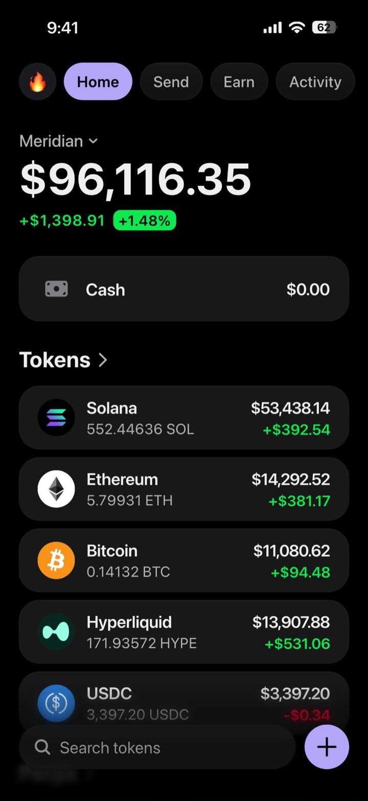 Crypto wallet portfolio screen composed in My Larp Wallet: a wallet named Meridian, a total balance above a list of 5 tokens showing each holding and its change over the day, in a dark theme with a lavender accent.