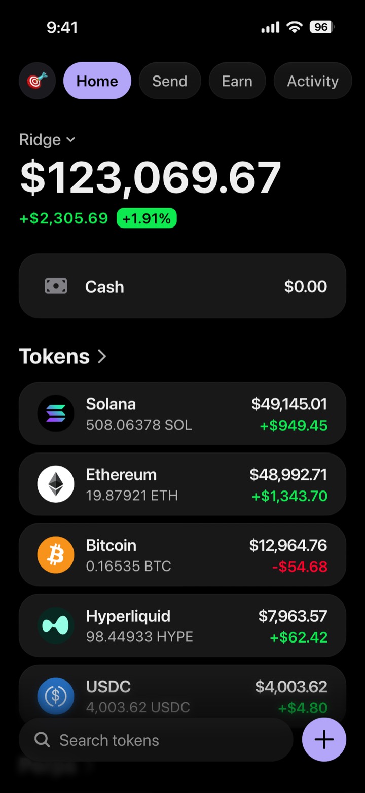 Crypto wallet portfolio screen composed in My Larp Wallet: a wallet named Ridge, a total balance above a list of 5 tokens showing each holding and its change over the day, in a dark theme with a lavender accent.