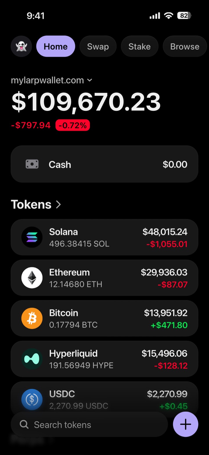 Crypto wallet portfolio screen composed in My Larp Wallet: a wallet named mylarpwallet.com, a total balance above a list of 5 tokens showing each holding and its change over the day, in a dark theme with a lavender accent.
