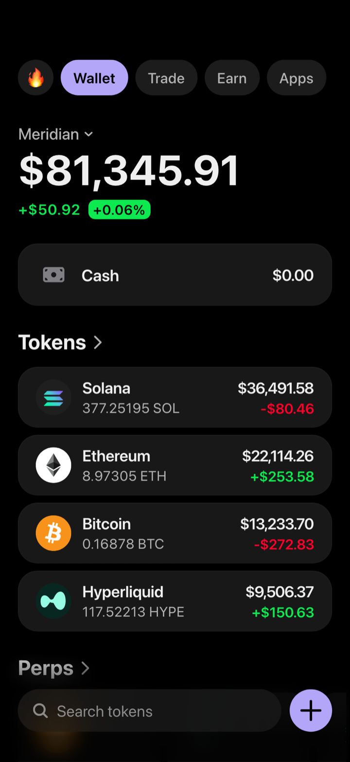 Crypto wallet portfolio screen composed in My Larp Wallet: a wallet named Meridian, a total balance above a list of 4 tokens showing each holding and its change over the day, in a dark theme with a lavender accent.